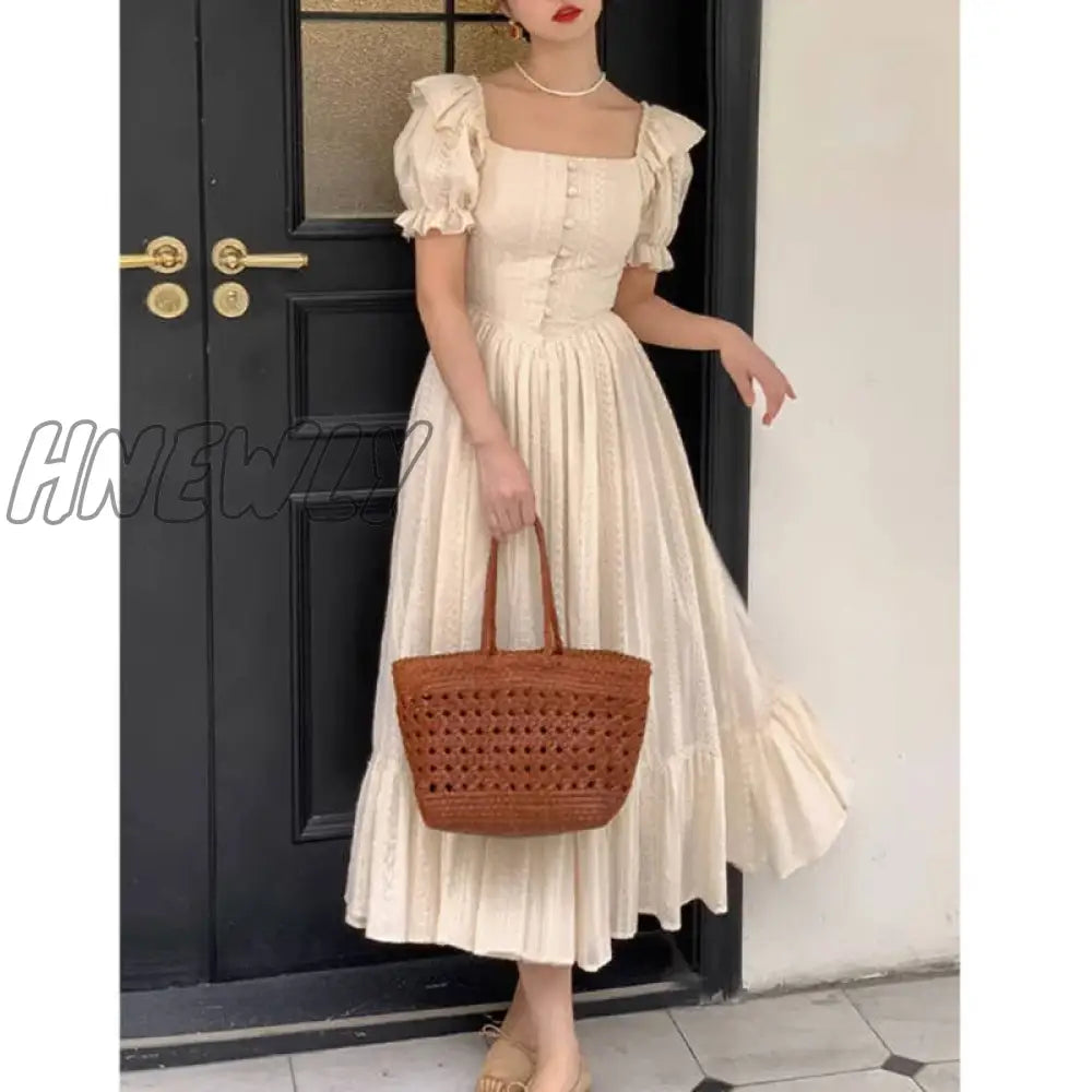 Hnewly Elegant Square Collar White Dress Summer Fashion Puff Sleeve Ruffle For Women 2024 Chic