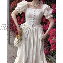 Hnewly Elegant Square Collar White Dress Summer Fashion Puff Sleeve Ruffle For Women 2024 Chic