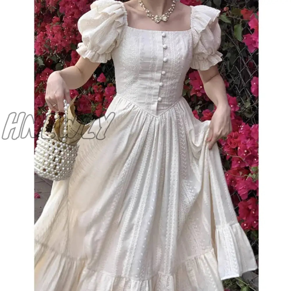 Hnewly Elegant Square Collar White Dress Summer Fashion Puff Sleeve Ruffle For Women 2024 Chic