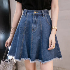 Hnewly Elegant Sweet Mini Denim Skirts Women Casual Sashes High Waist Light Blue Vintage Belts