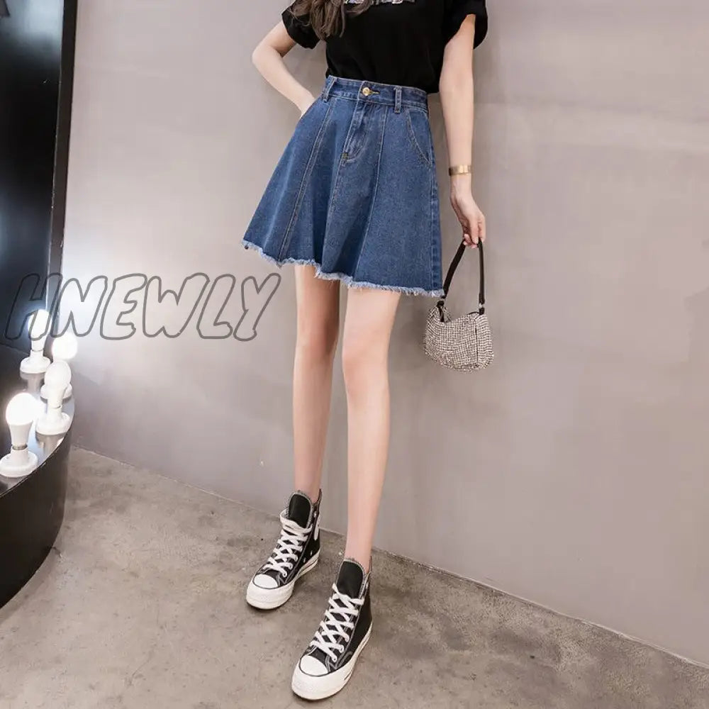 Hnewly Elegant Sweet Mini Denim Skirts Women Casual Sashes High Waist Light Blue Vintage Belts