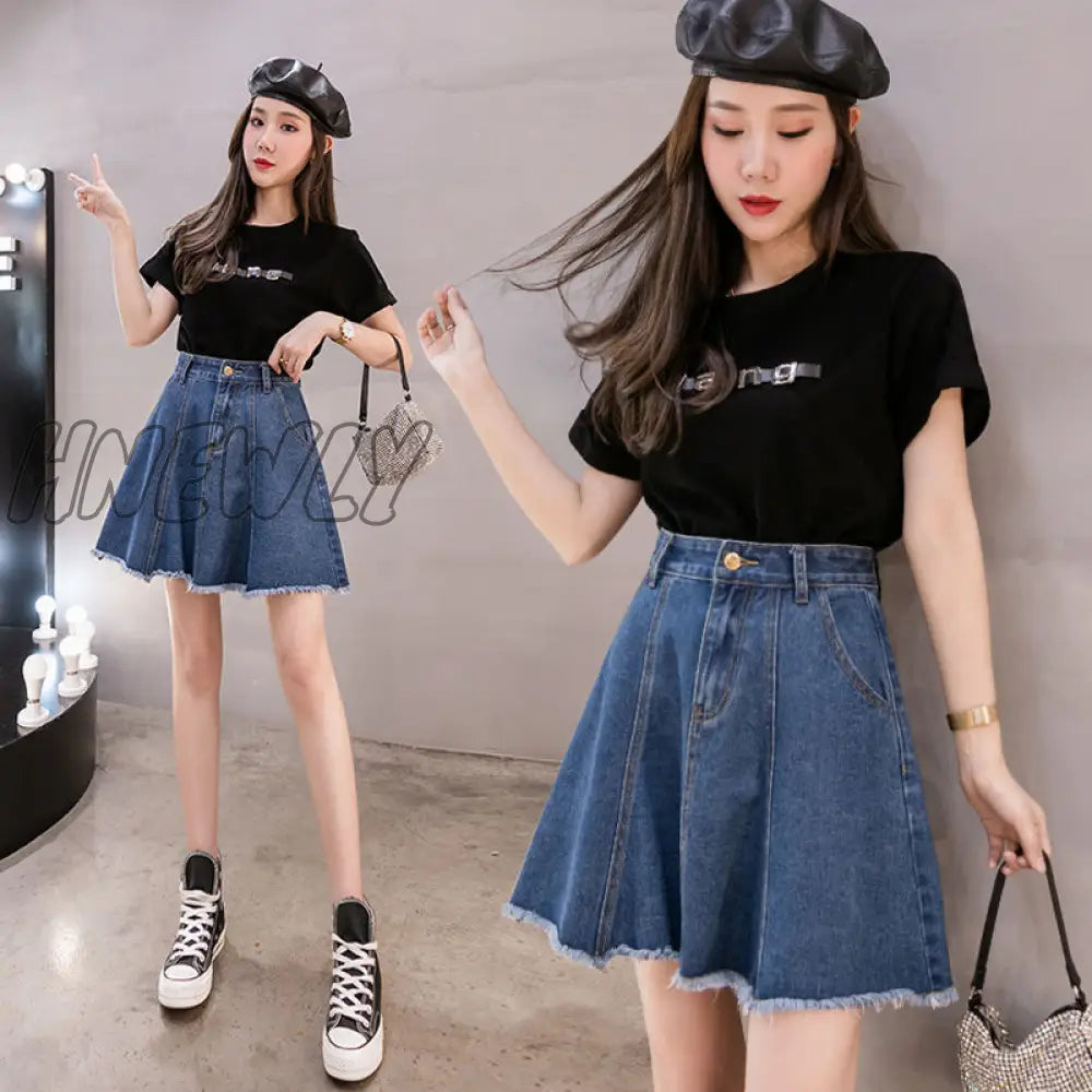 Hnewly Elegant Sweet Mini Denim Skirts Women Casual Sashes High Waist Light Blue Vintage Belts