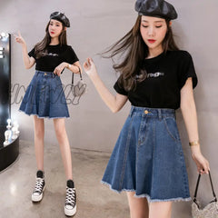 Hnewly Elegant Sweet Mini Denim Skirts Women Casual Sashes High Waist Light Blue Vintage Belts