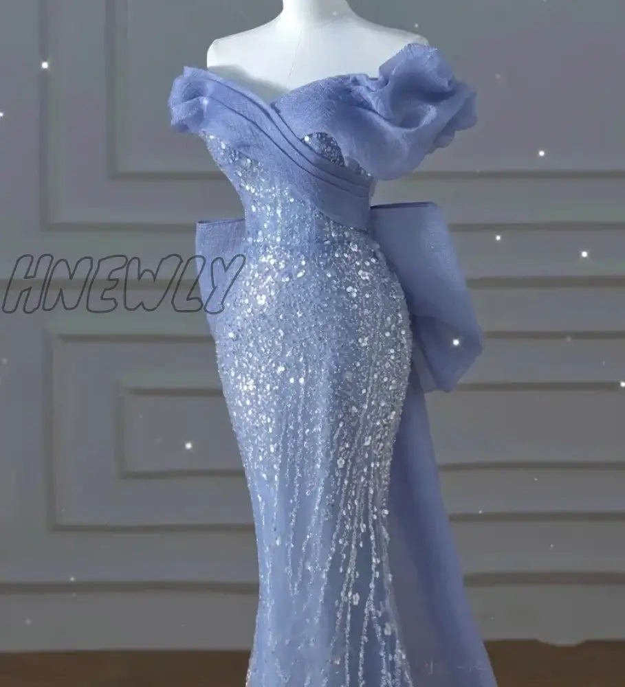 Hnewly Elegant Trumpet Blue Formal Evening Dress Women Luxury Beading Party Dresses Exquisite Train