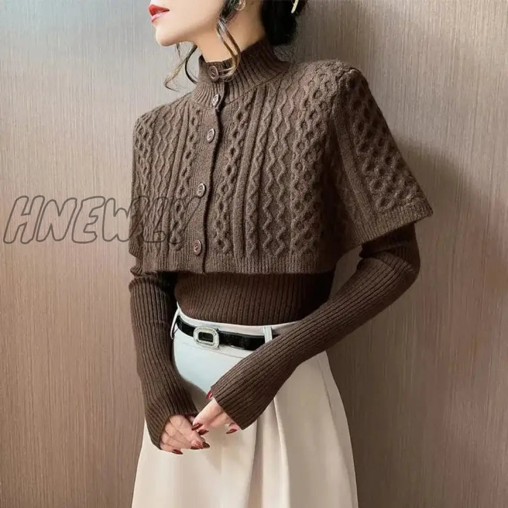 Hnewly Elegant Twist Sweater And Cape Two Piece Vintage Autumn Winter Slim Loose V-Neck Pullover