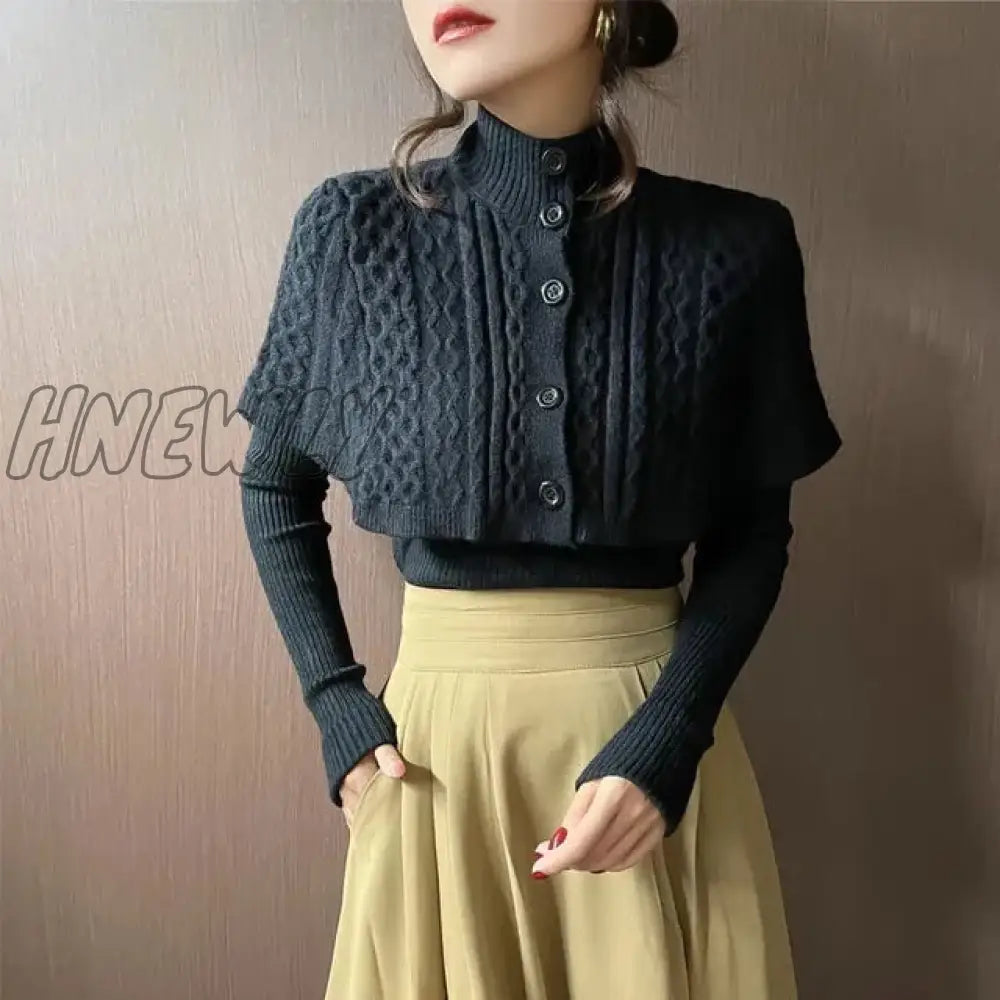 Hnewly Elegant Twist Sweater And Cape Two Piece Vintage Autumn Winter Slim Loose V-Neck Pullover