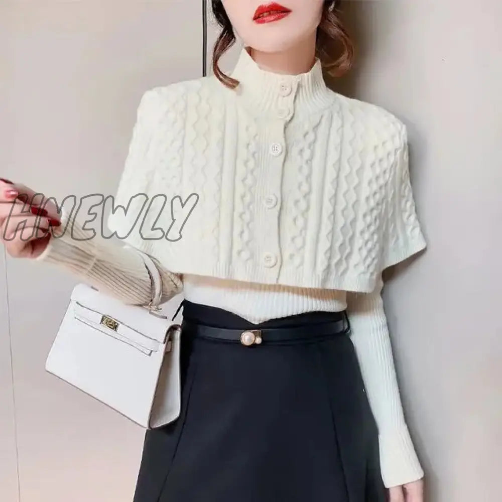 Hnewly Elegant Twist Sweater And Cape Two Piece Vintage Autumn Winter Slim Loose V-Neck Pullover