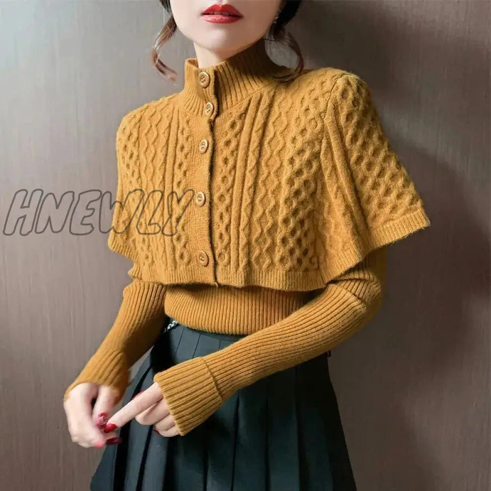 Hnewly Elegant Twist Sweater And Cape Two Piece Vintage Autumn Winter Slim Loose V-Neck Pullover