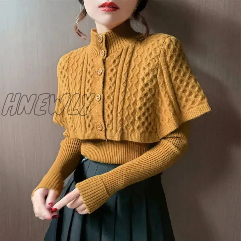 Hnewly Elegant Twist Sweater And Cape Two Piece Vintage Autumn Winter Slim Loose V-Neck Pullover