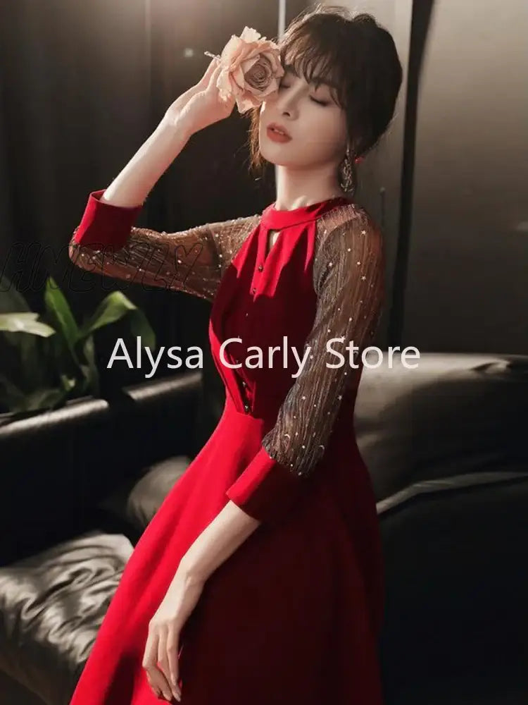 Hnewly Elegant Vintage Fairy Dress Women Red Patchwork Korean Style Sequined Female 2024 Autumn