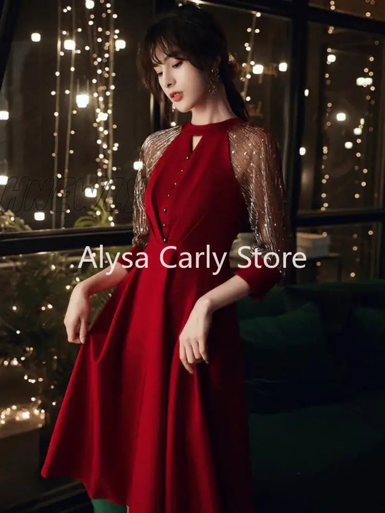 Hnewly Elegant Vintage Fairy Dress Women Red Patchwork Korean Style Sequined Female 2024 Autumn