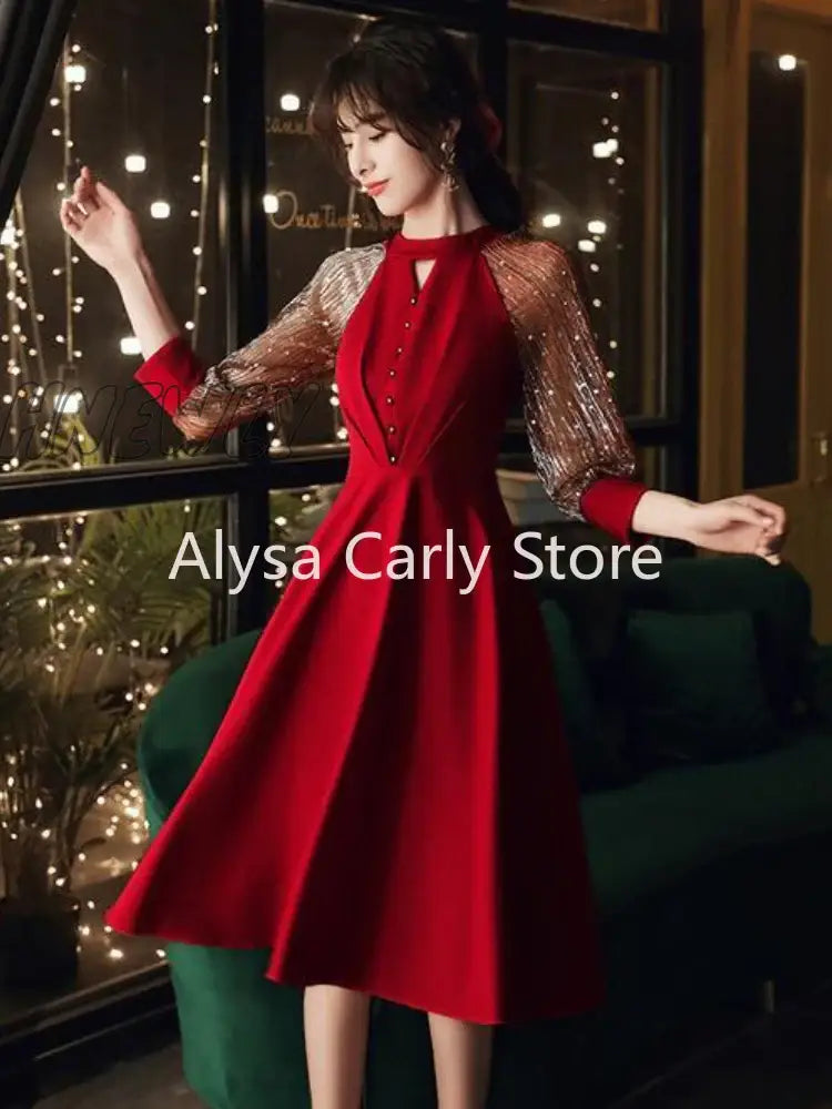 Hnewly Elegant Vintage Fairy Dress Women Red Patchwork Korean Style Sequined Female 2024 Autumn