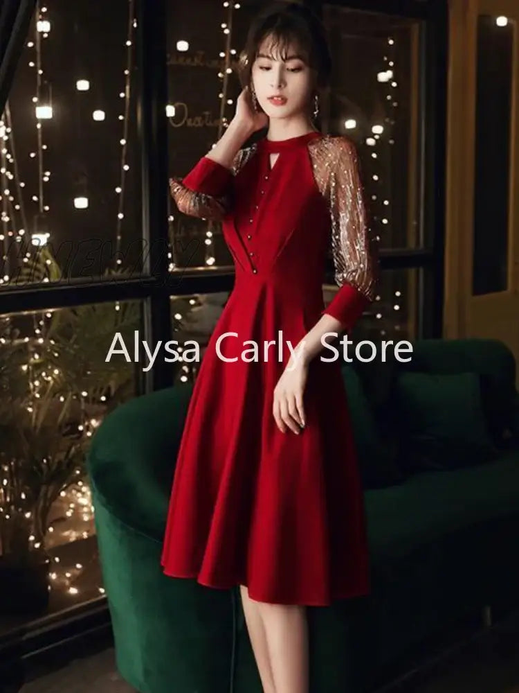 Hnewly Elegant Vintage Fairy Dress Women Red Patchwork Korean Style Sequined Female 2024 Autumn