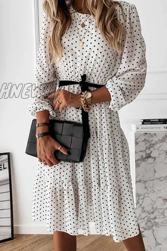 Hnewly - Elegant White Black Dot Print Round Neck Tie Midi Dress