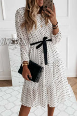 Hnewly - Elegant White Black Dot Print Round Neck Tie Midi Dress