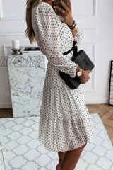 Hnewly - Elegant White Black Dot Print Round Neck Tie Midi Dress