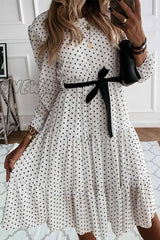 Hnewly - Elegant White Black Dot Print Round Neck Tie Midi Dress S /