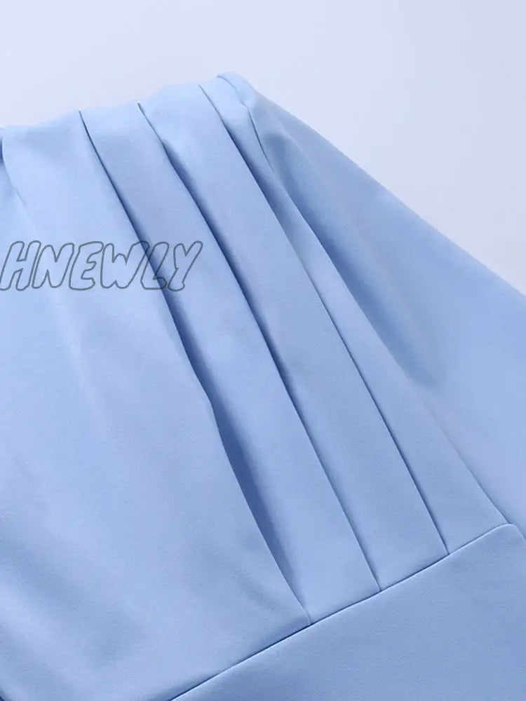 Hnewly Elegant Women Dress Stand Collar Slim Waist Solid Blue Ankle Length Autumn Long Sleeve