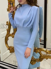 Hnewly Elegant Women Dress Stand Collar Slim Waist Solid Blue Ankle Length Autumn Long Sleeve