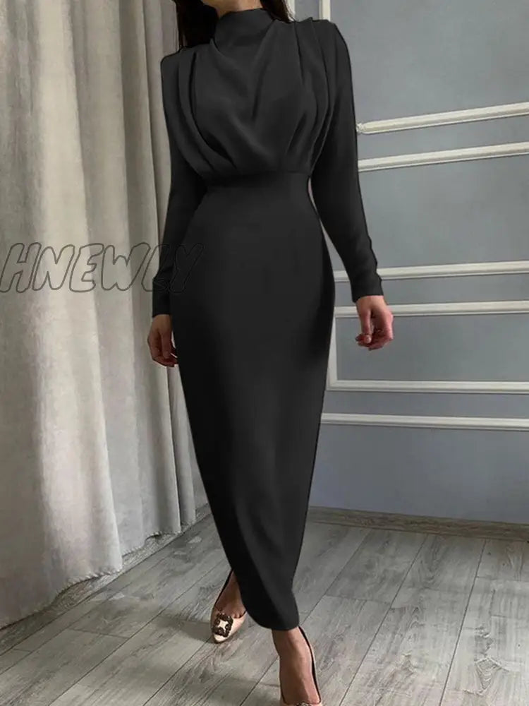 Hnewly Elegant Women Dress Stand Collar Slim Waist Solid Blue Ankle Length Autumn Long Sleeve