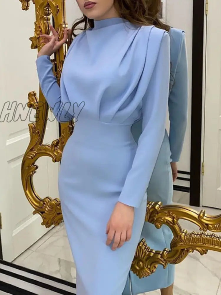 Hnewly Elegant Women Dress Stand Collar Slim Waist Solid Blue Ankle Length Autumn Long Sleeve