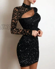 Hnewly Elegant Women Dresses Summer Fashion Glitter Contrast Lace Sexy Cutout Plain Mock Neck Long