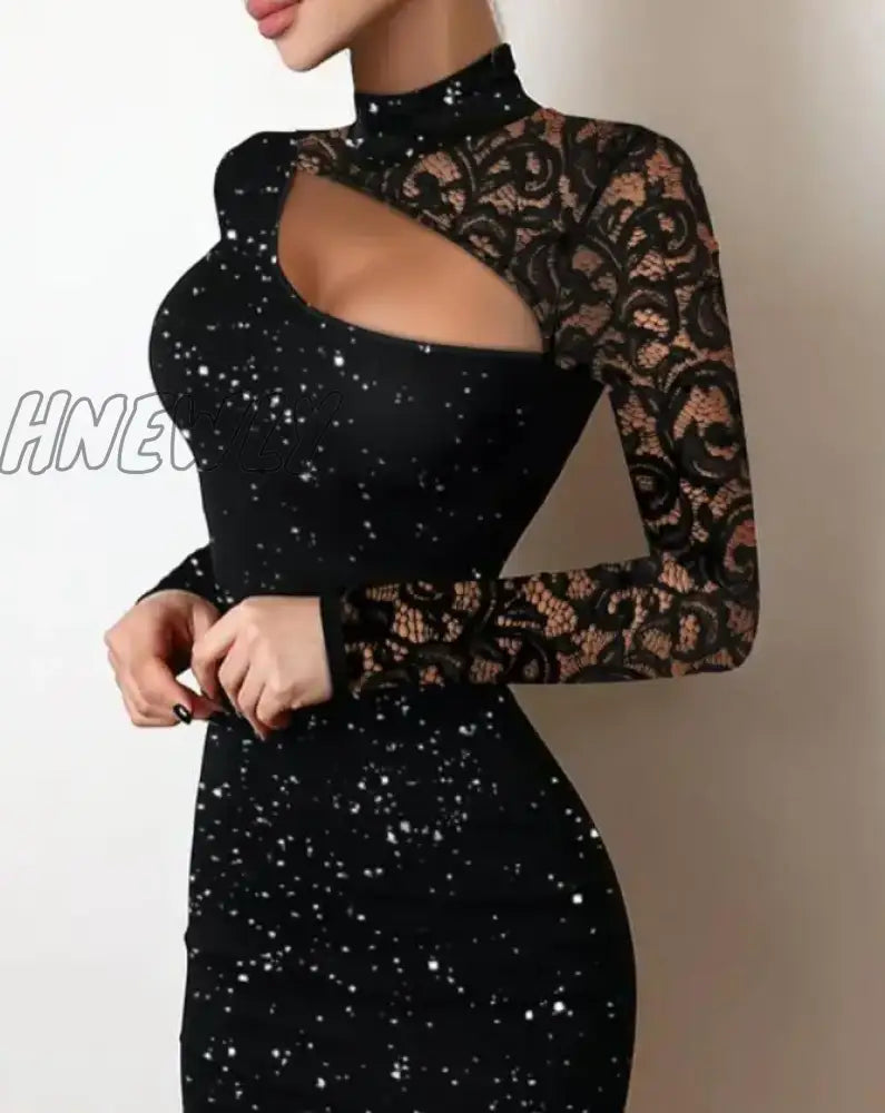 Hnewly Elegant Women Dresses Summer Fashion Glitter Contrast Lace Sexy Cutout Plain Mock Neck Long