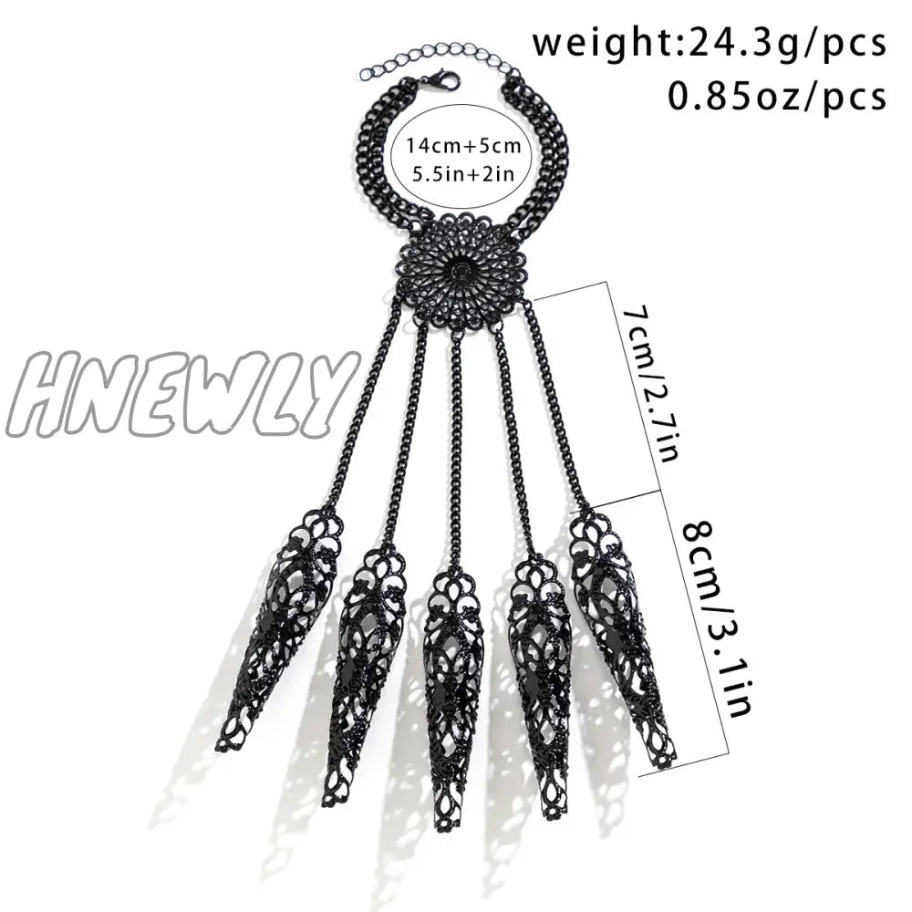 Hnewly Exaggerated Dubai Black Connecting Finger Chain Bracelet For Women Goth Nail Rings Bangles