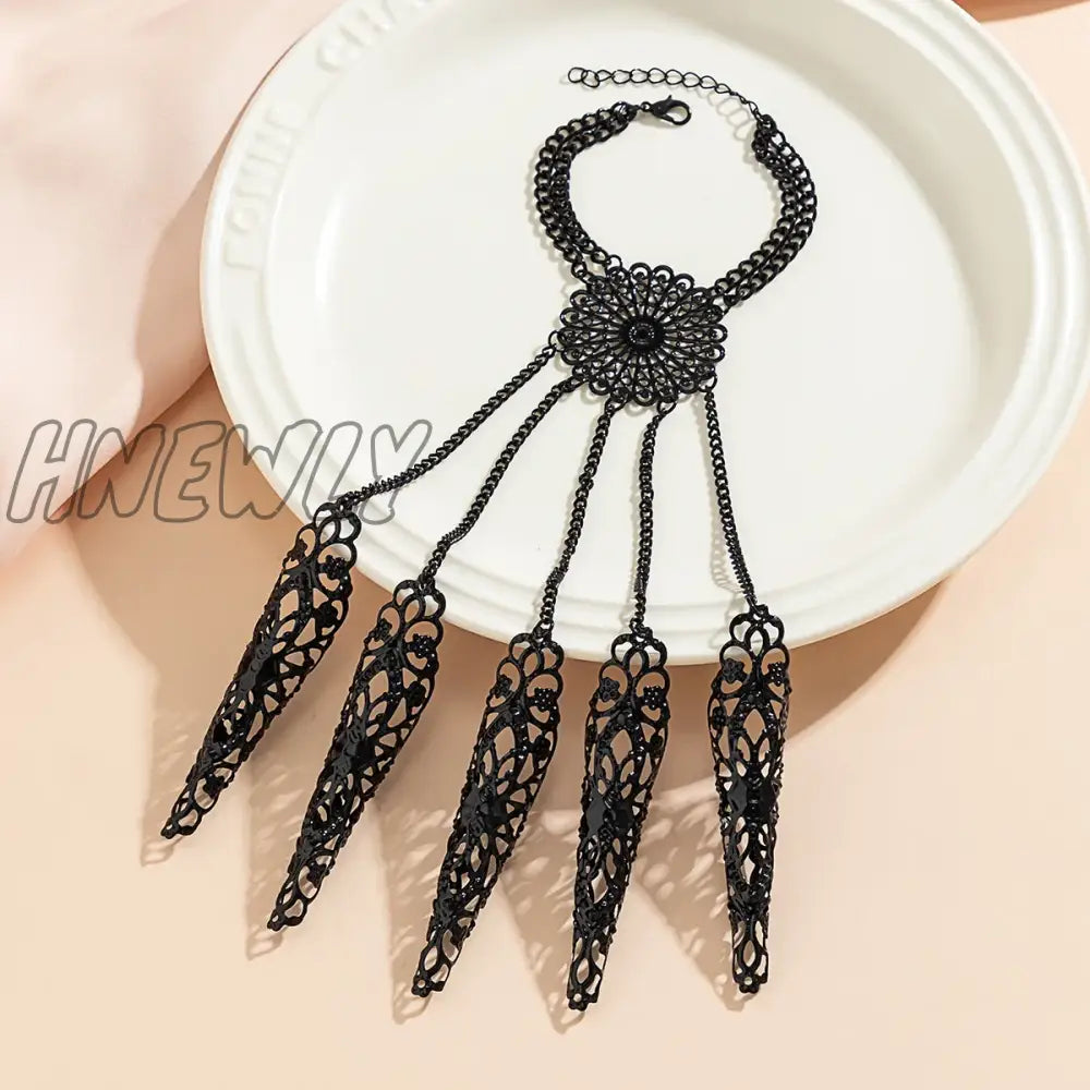 Hnewly Exaggerated Dubai Black Connecting Finger Chain Bracelet For Women Goth Nail Rings Bangles