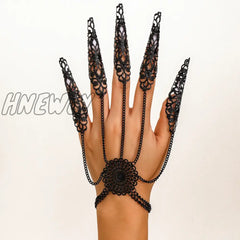 Hnewly Exaggerated Dubai Black Connecting Finger Chain Bracelet For Women Goth Nail Rings Bangles