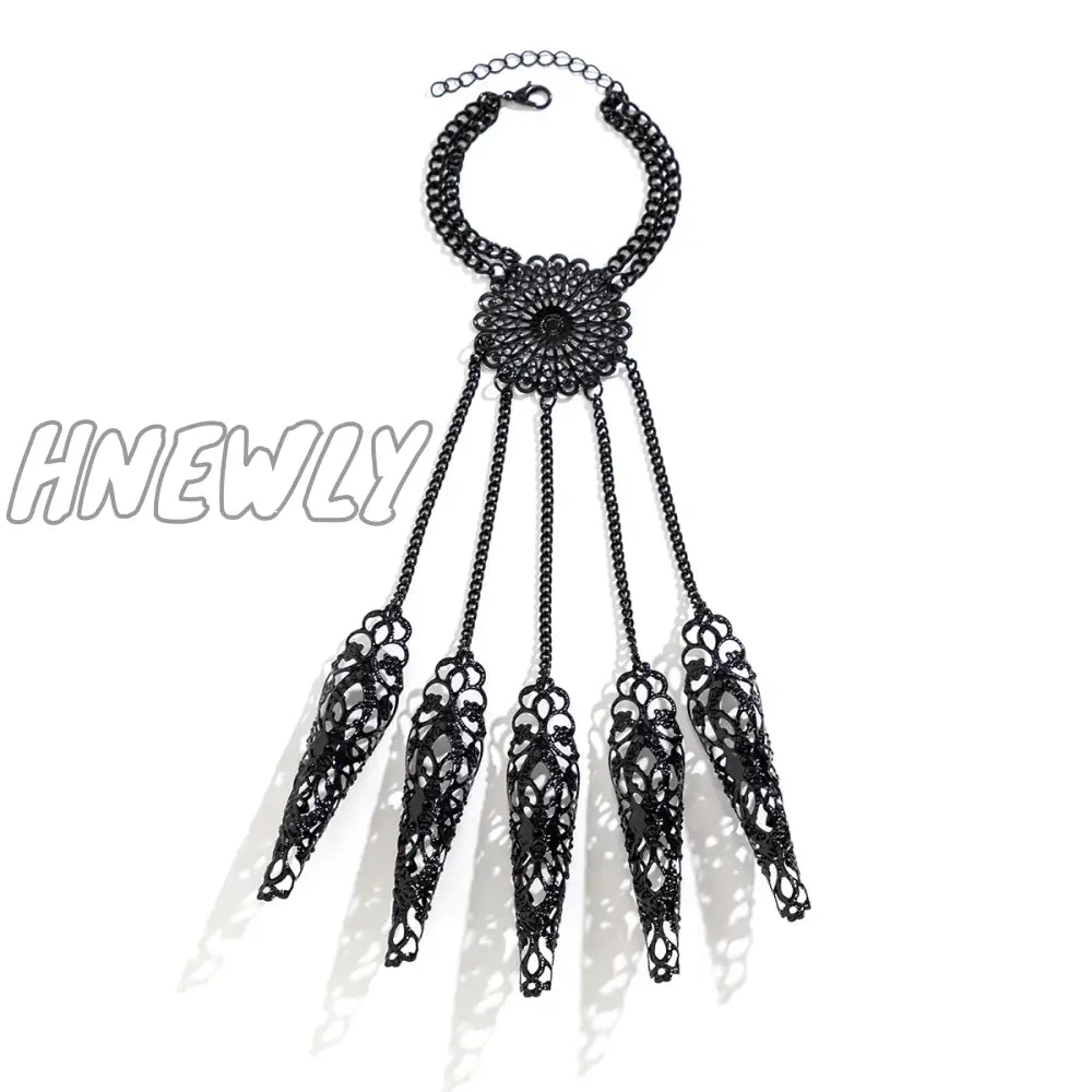 Hnewly Exaggerated Dubai Black Connecting Finger Chain Bracelet For Women Goth Nail Rings Bangles