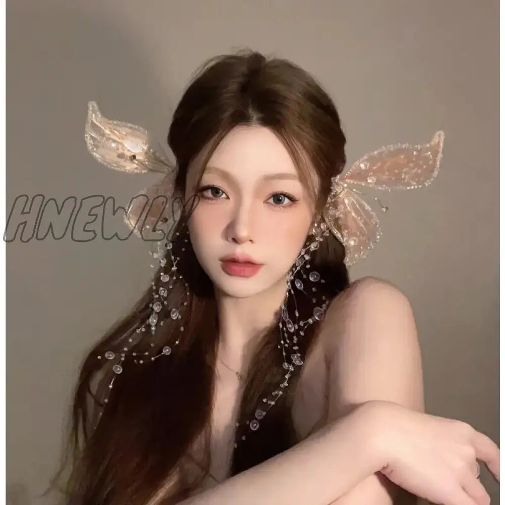 Hnewly Fairy Ear Headwear Crystal Hairpin Butterfly Tassel Side Clip Delicate Bridal Wedding Hair