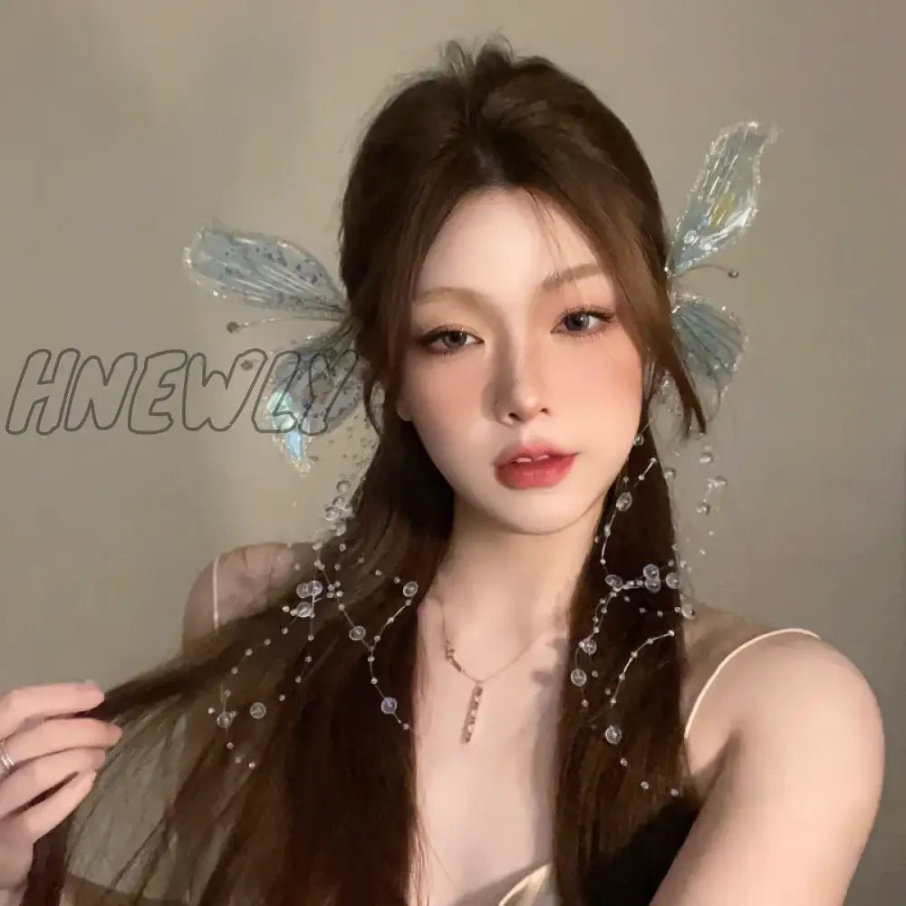 Hnewly Fairy Ear Headwear Crystal Hairpin Butterfly Tassel Side Clip Delicate Bridal Wedding Hair