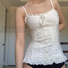 Hnewly Fairy Grunge French Vintage White Cami Top Kawaii Cute Girl Bow Frill Sleevelsess Cropped