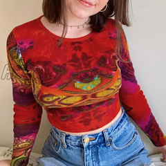 Hnewly Fairy Grunge Long Sleeve T - Shirt Women Vintage Knitted Crop Top Tee Autumn Korean Tie Dye