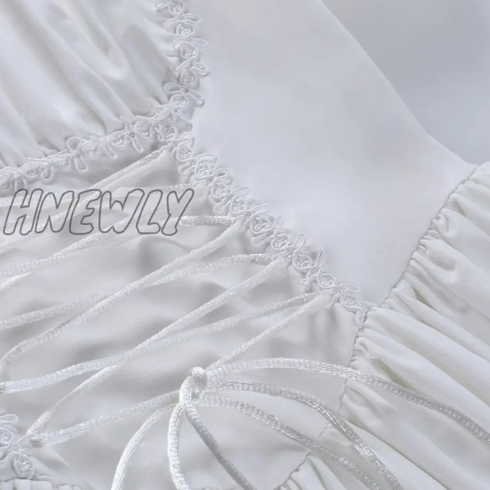 Hnewly Fairy Grunge Square Neck Lace Trim Sexy Kawaii Slim White Dress Women New Bandage Fall