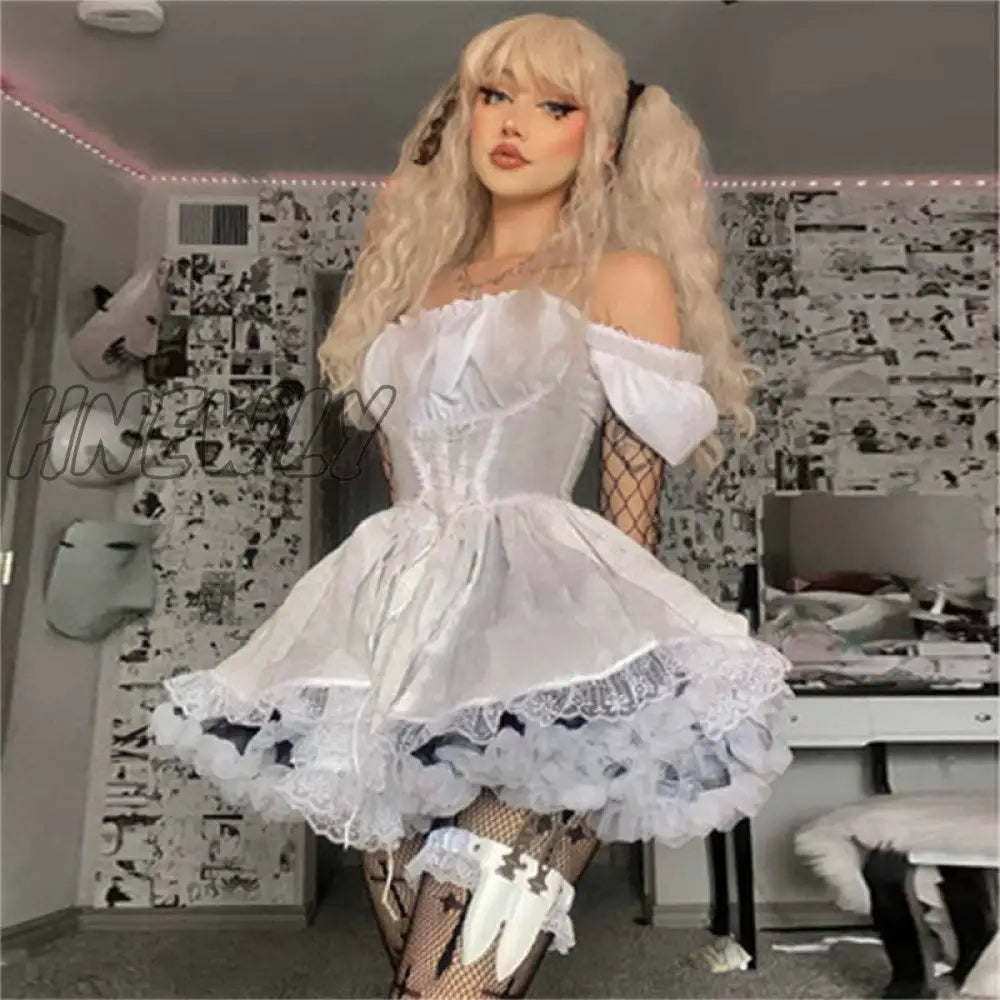 Hnewly Fairy Grunge Square Neck Lace Trim Sexy Kawaii Slim White Dress Women New Bandage Fall