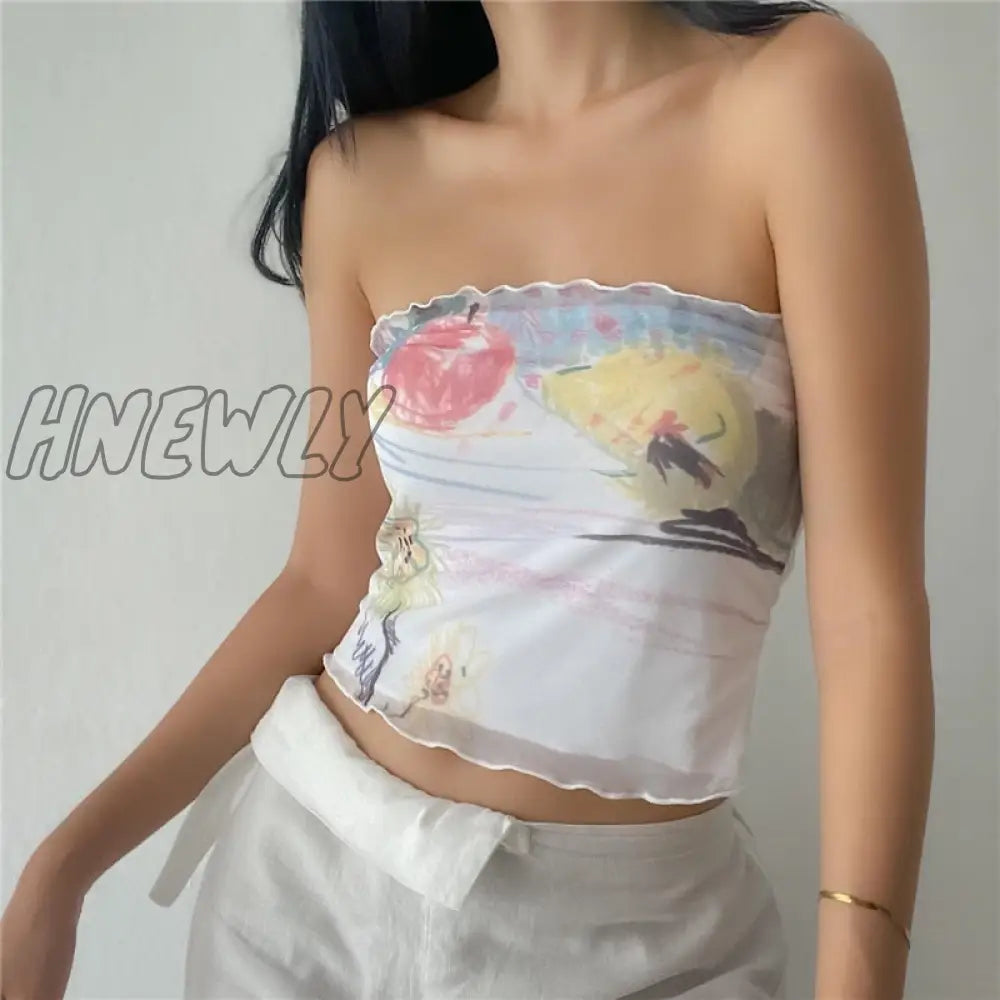 Hnewly Fairycore Off Shoulder Crop Tops Summer Graphic T Shirts Ruffles Strapless Tshirt 2000S