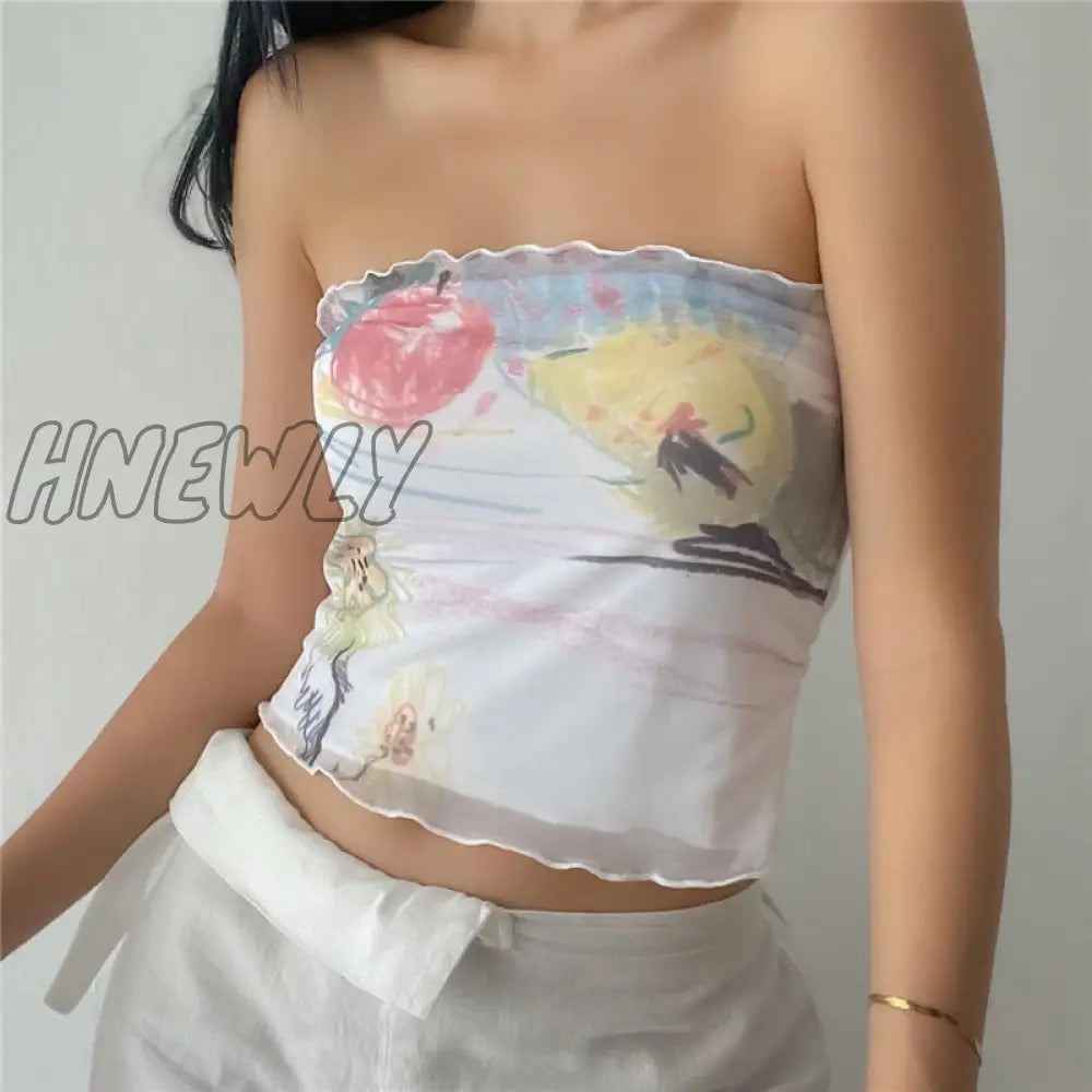 Hnewly Fairycore Off Shoulder Crop Tops Summer Graphic T Shirts Ruffles Strapless Tshirt 2000S