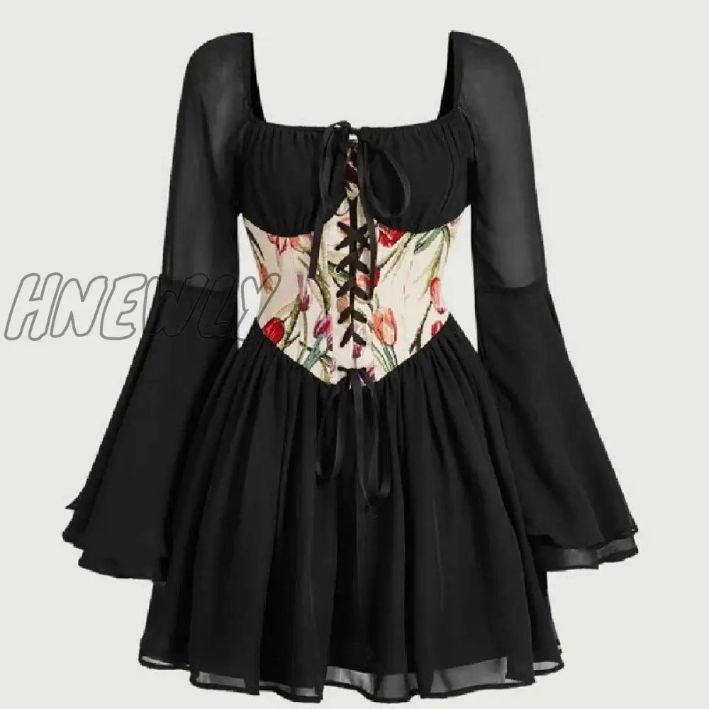 Hnewly Fairycore Off Shoulder Mesh Short Dress Irregular Adjustable Lace Up Bustier Women Long Puff