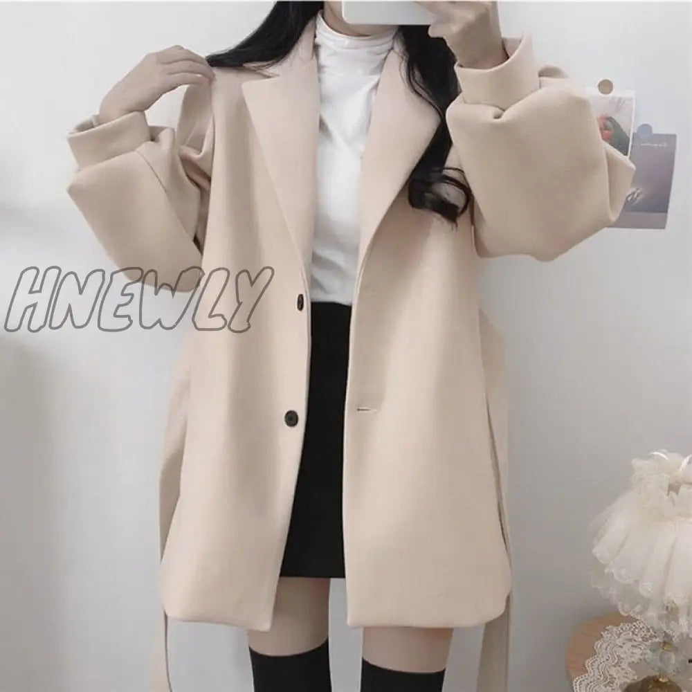 Hnewly Fashion Autumn High Wide Waist Wool & Blends Black Long Sleeve Turn Down Collar Coat Winter