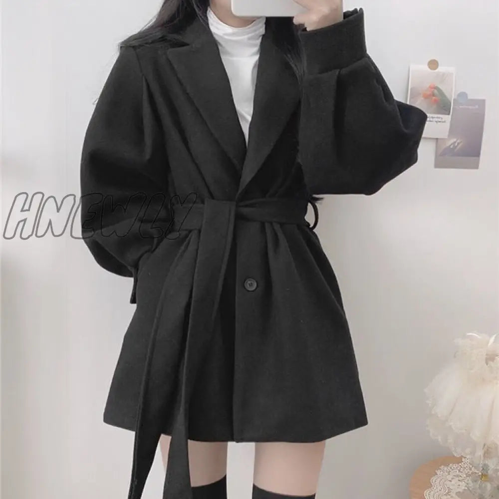 Hnewly Fashion Autumn High Wide Waist Wool & Blends Black Long Sleeve Turn Down Collar Coat Winter