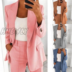 Hnewly Fashion Blazer Suit Women Office Sets Autumn Long Sleeve Cardigan Shorts Solid 2 Piece Set