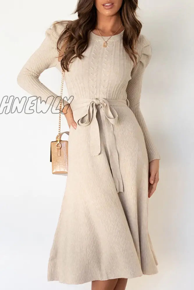 Hnewly - Fashion Casual Solid Patchwork O Neck A Line Dresses(5 Colors) Apricot / S Dresses/Midi