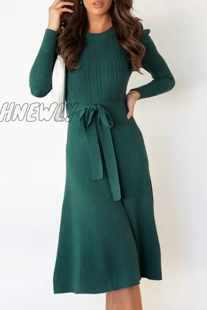 Hnewly - Fashion Casual Solid Patchwork O Neck A Line Dresses(5 Colors) Dark Green / S Dresses/Midi