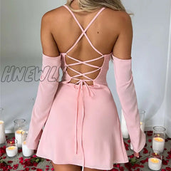 Hnewly Fashion Cross Spaghetti Strap Mini Dress Women Summer Bodycon Low Cut Club Party Sexy