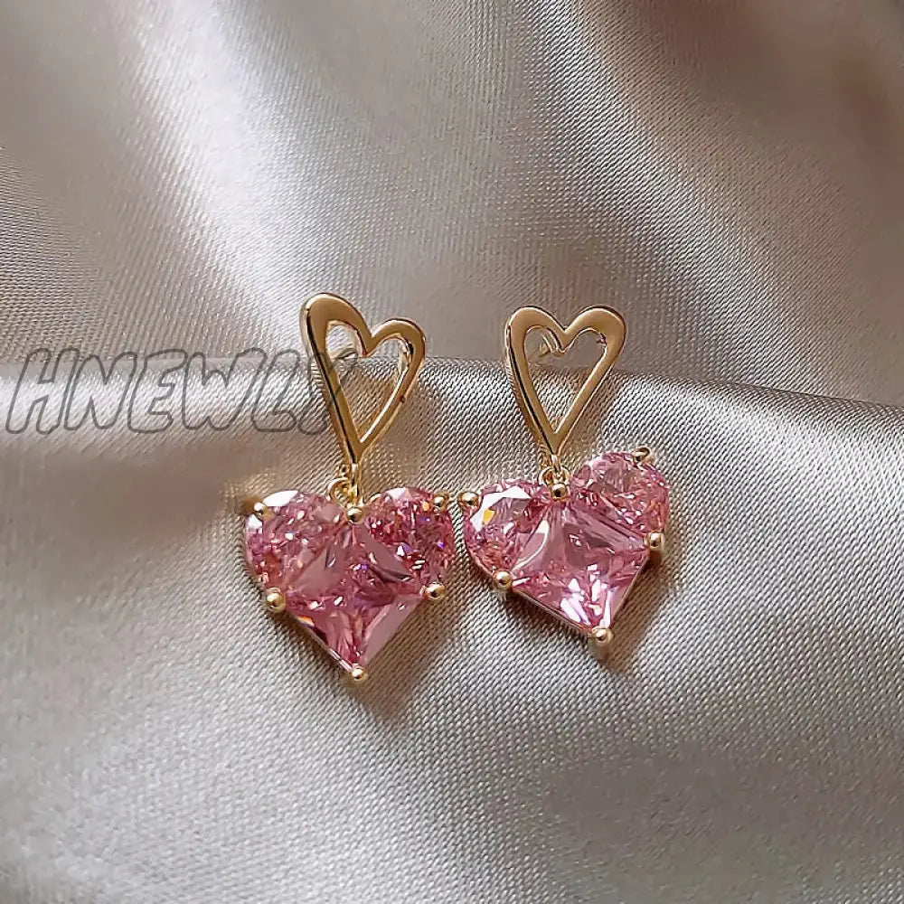 Hnewly Fashion Earrings Necklaces Set For Women Heart-Shaped Zircon Pink Crystal Pendant Necklace