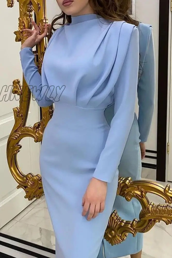 Hnewly - Fashion Elegant O Neck One Step Skirt Dresses(9 Colors) Light Blue / S Dresses/Long Sleeve