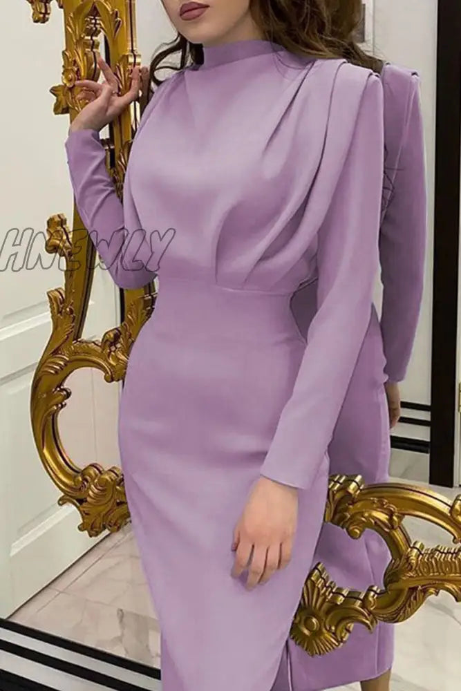 Hnewly - Fashion Elegant O Neck One Step Skirt Dresses(9 Colors) Purple / S Dresses/Long Sleeve