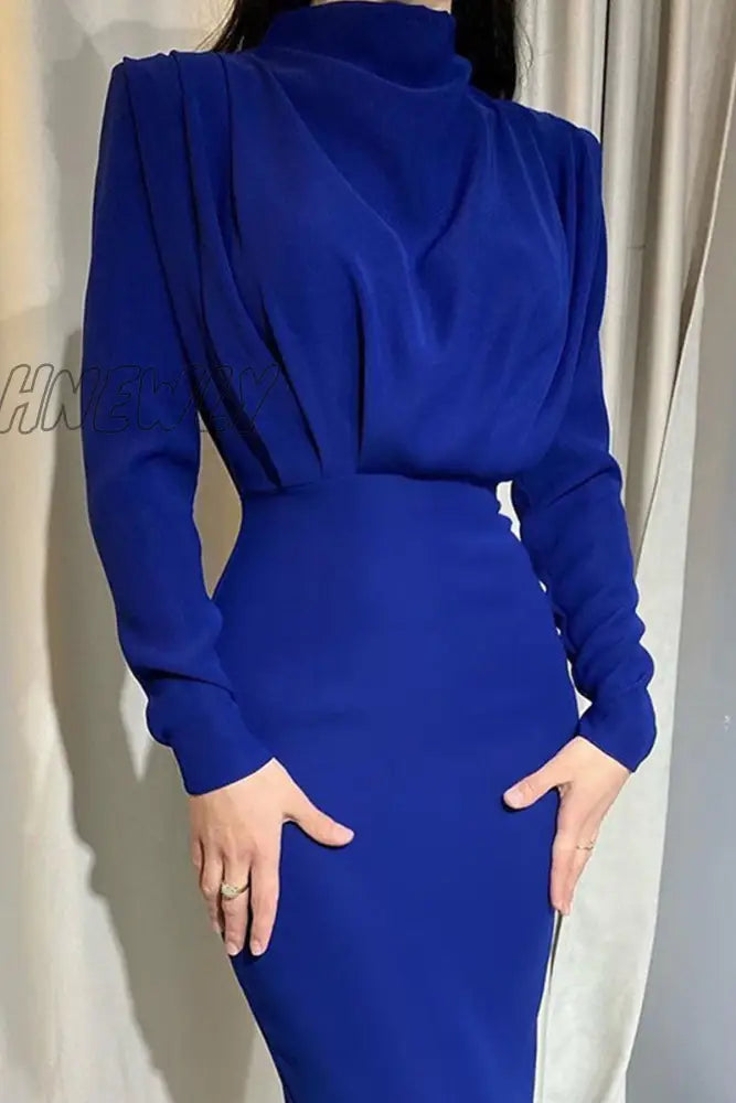 Hnewly - Fashion Elegant O Neck One Step Skirt Dresses(9 Colors) Royal Blue / S Dresses/Long Sleeve